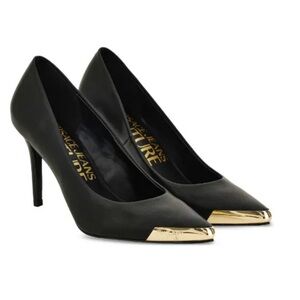 Versace Black Leather Pointed Pumps with Gold Toe Caps
